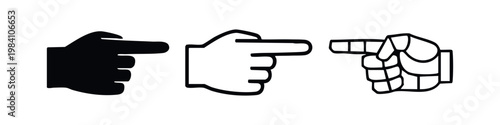 Pointing hand index finger icon set, direction and navigation symbol, interaction and click, vector graphic