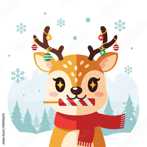 A cute cartoon reindeer with decorated antlers, a red scarf, and a candy cane, standing in a snowy winter wonderland with snowflakes.