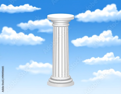 A classical white column stands against a bright, cloudy blue sky