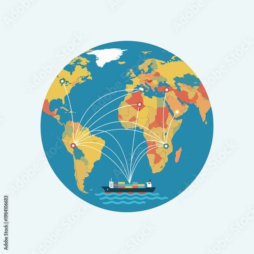 Global shipping network connecting continents with cargo ship and world map illustration.
