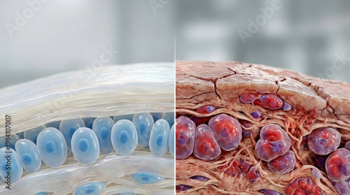 Healthy joint cartilage vs arthritis inflammation medical concept illustration showing smooth articular surface compared with damaged tissue and swollen cells for pain and stiffness education