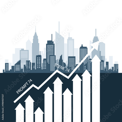 A graphic illustration depicting a city skyline with an upward trending graph and arrows symbolizing growth and progress.