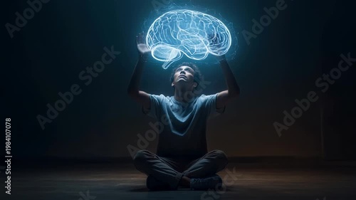 Man in meditation pose with glowing digital brain hologram visualization above head representing mindfulness, focus, and cognitive enhancement