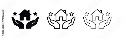 Home Protection and Quality Real Estate Service Icon with Hands and Stars