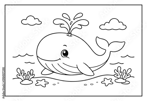 A cute cartoon whale spouting water in a cheerful seabed scene with coral, starfish, and clouds.