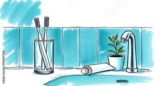 Hand-drawn Bathroom Essentials. Toothbrushes, Toothpaste, Sink Faucet, Plant Illustration