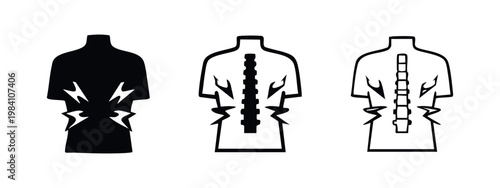 Back pain icon with human spine silhouette, symbol of lower back injury or disk problems, set of three styles.