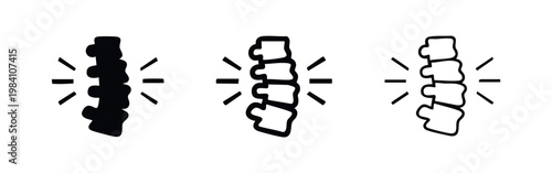 Spinal column pain icon, human backbone injury or discomfort symbol, set of three in black and outline styles.