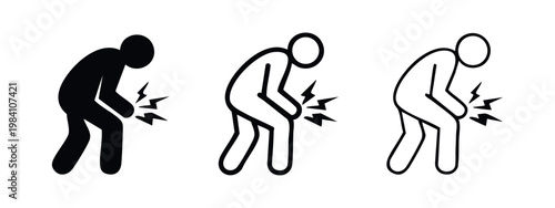 Man icon feeling knee pain, joint injury, or arthritis symptoms, set of three in black and outline styles.