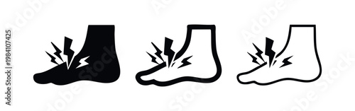 Ankle and heel pain icon, symbol of sprain, injury, or Achilles tendon discomfort, set of three styles.