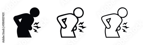 Man icon suffering from lower back pain, lumbago, or hip discomfort, set of three in black and outline styles.