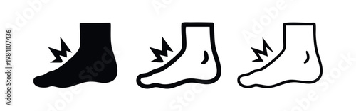 Foot pain icon, symbol of plantar fasciitis, arch discomfort, or sole injury, set of three styles.