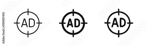 Ad Targeting Icon Set - Advertising in Crosshair Target in Outline, Glyph, and Hand Drawn Styles