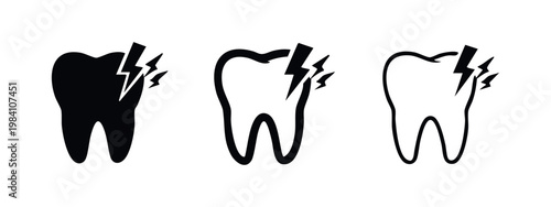 Severe tooth pain icon, strong dental discomfort, or urgent cavity symbol, set of three in black and outline styles.