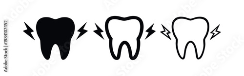 Toothache icon, dental pain, sensitive tooth, or cavity problem symbol, set of three in black and outline styles.