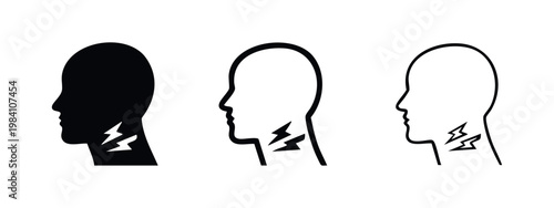 Neck pain icon, human silhouette with cervical discomfort or sore throat symptoms, set of three styles.