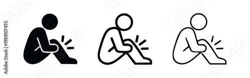Sitting person with knee pain icon, joint injury, or arthritis symptoms, set of three in black and outline styles.