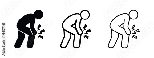 Human figure with knee pain icon, joint discomfort, or leg injury symbol, set of three in black and outline styles.