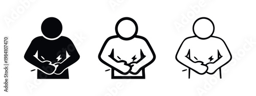 Person holding stomach with abdominal pain icon, symbol of indigestion or stomachache, set of three styles.
