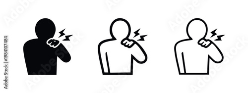 Man clutching shoulder with pain icon, symbol of joint injury or muscle ache, set of three styles.