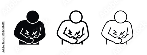 Person holding chest with pain icon, symbol of heartburn, angina, or respiratory discomfort, set of three styles.