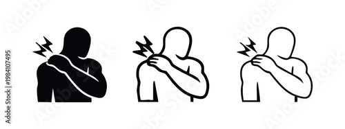 Human figure with shoulder pain icon, injury or muscle strain discomfort symbol, set of three styles.