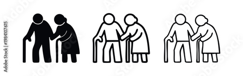 Elderly Couple with Cane Icon Set. Symbolizing Senior Care, Aging, and Support.
