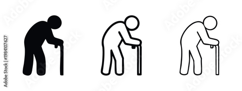 Elderly Person with Cane Icon Set. Symbol for Senior Mobility, Health, and Support.