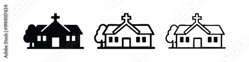 Church building icon set with cross and tree, black silhouette and outline variations for religious and spiritual themes