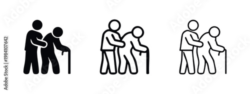 Caregiver assisting elderly man with walking stick icon set, black silhouette and outline variations for senior care and support