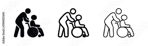 Caregiver assisting person in wheelchair icon set, black silhouette and outline variations for disability support