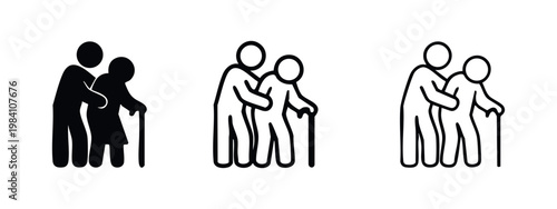 Caregiver assisting elderly woman with walking stick icon set, black silhouette and outline variations for senior support