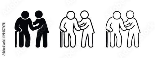 Person supporting elderly individual with walking stick icon set, black silhouette and outline variations