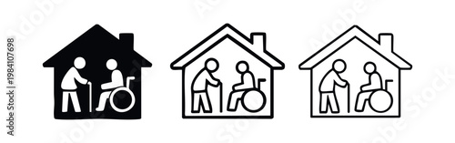 Home care for elderly and disabled icon set, black silhouette and outline variations for assisted living