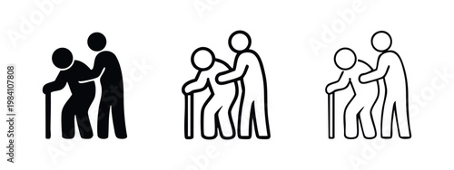 Assisting elderly person with mobility icon set. Vector illustration of support for seniors using a cane.