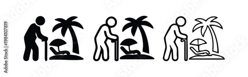 Elderly person enjoying retirement vacation icon set. Vector illustration of senior with cane on a tropical beach.