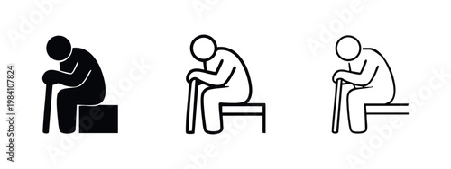 Elderly person resting with a cane icon set. Vector illustration of a senior sitting in various styles.
