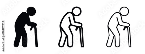 Elderly person walking with a cane icon set. Vector illustration depicting mobility challenges in old age.