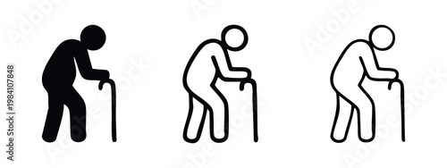 Elderly person struggling with mobility icon set. Vector illustration of a senior walking with a cane.