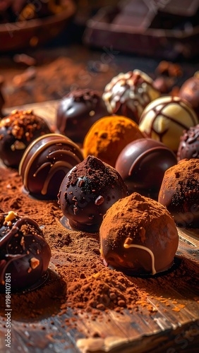 Assorted chocolates on wooden board with cocoa powder