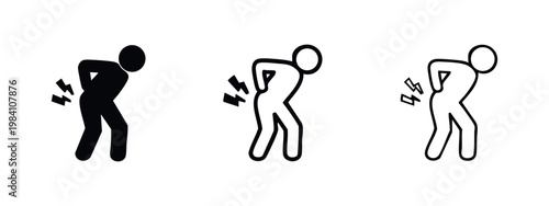 Lower back pain person icon set. Vector illustration of a figure experiencing discomfort and injury.