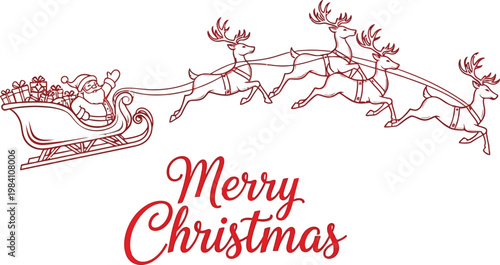 Santa claus in a sleigh pulled by reindeer with gifts and merry christmas text