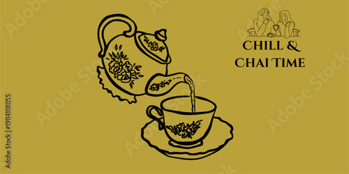 Vintage Tea Pot and Cup Illustration – Hand-Drawn Floral Chai Graphics for Boutique Cafe Menus and Artisan Tea Branding