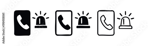 Emergency call and siren icon set. Urgent phone call and police siren symbols for alert services.