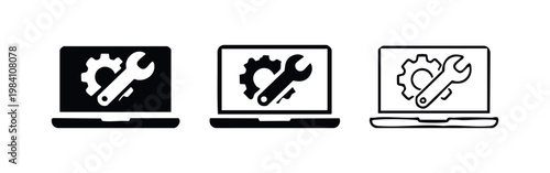 Laptop repair and maintenance icon set. Computer service, technical support, and settings symbol.