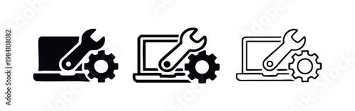 Laptop repair and service icon set. Computer maintenance, technical support, and setup symbol.