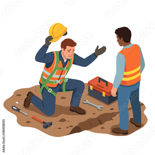 Two construction workers interacting on a dig site with tools scattered around