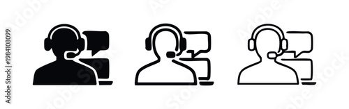 Online customer support chat icon set. Customer service agent with speech bubble symbol.