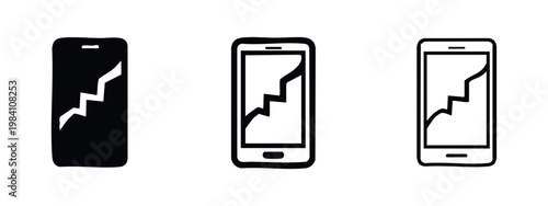 Broken Mobile Phone Screen Icon Set. Damaged Smartphone and Repair Symbol.