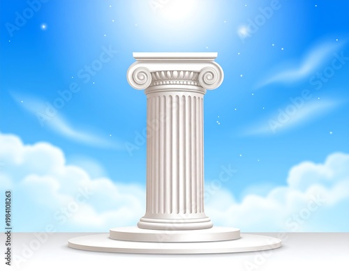 A classical white Ionic column on a pedestal against a bright sky